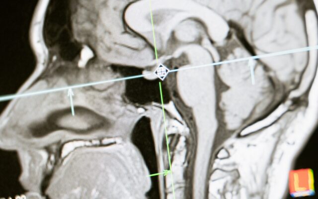 A human brain MRI scan on a medical monitor illustrating the invisible damage and neurological injuries that can occur after a car crash.