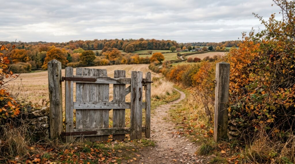 Autumn wooden gate and countryside path through rolling hills in Selden, New York