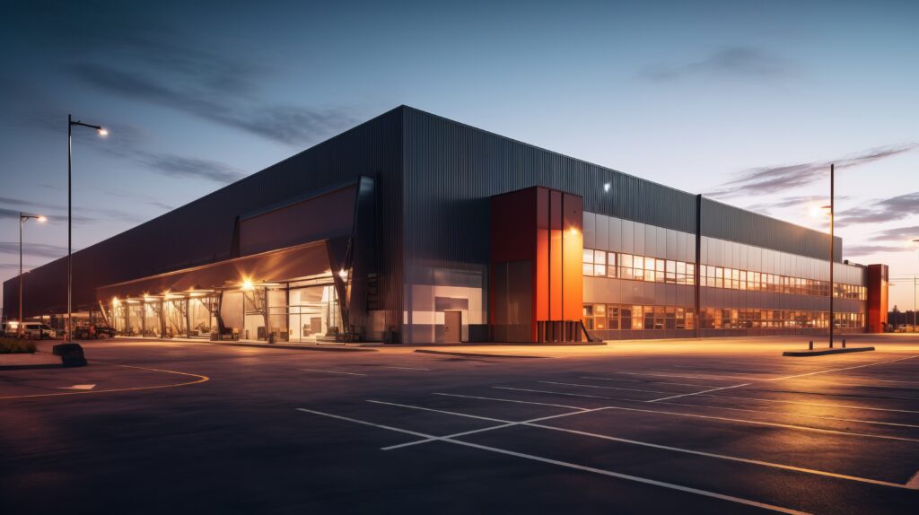 Exterior view of an illuminated Long Island commercial property and empty parking lot at dusk, illustrating business premises liability and security concerns.