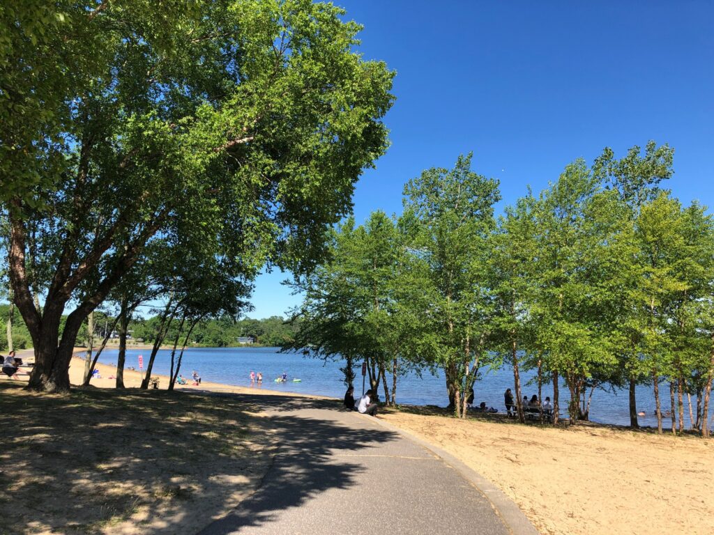 Summer day at a sandy beach with trees and people by the lake in Ronkonkoma, New York