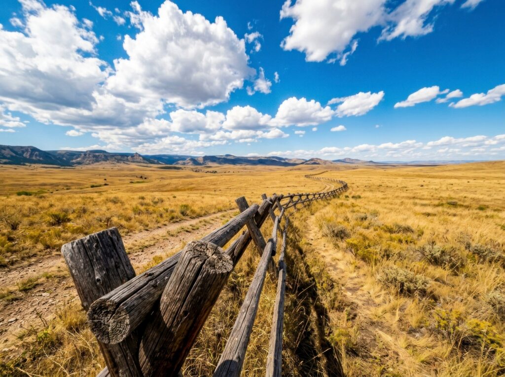 Wooden ranch fence along a dirt path through golden grassland with mountains in Medford, New York