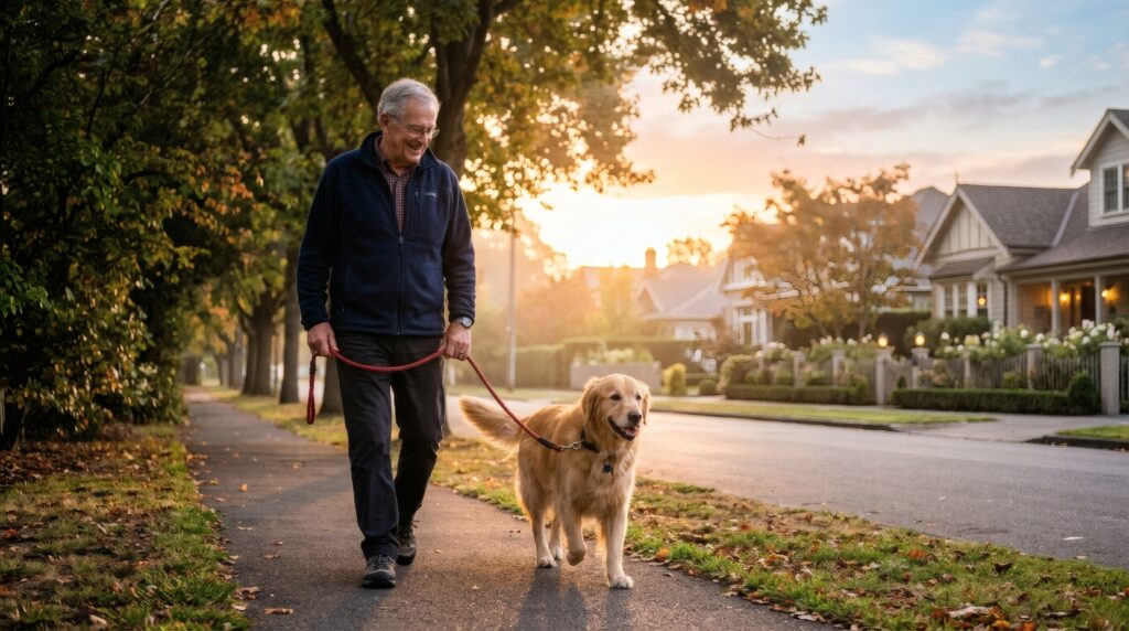 An elderly man smiling as he walks his Golden Retriever on a red leash down a suburban sidewalk in Long Island, NY.