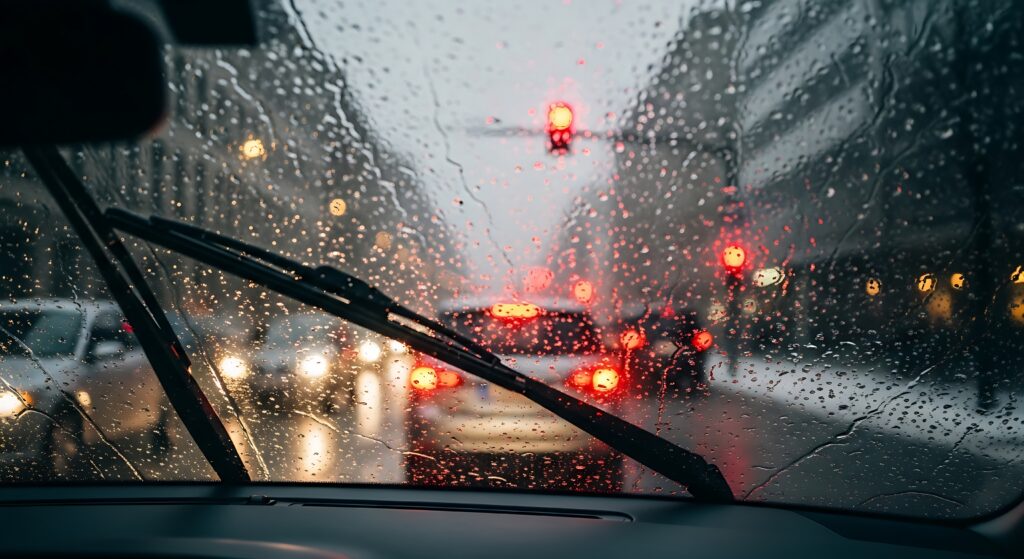 View from inside a car looking through a rain-splattered windshield at glowing red brake lights in heavy traffic.