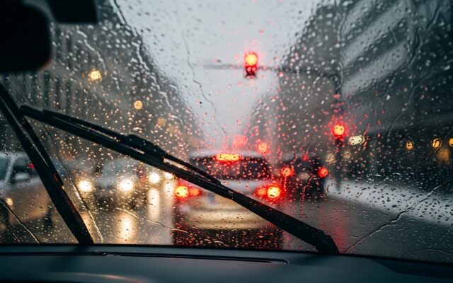 View from inside a car looking through a rain-splattered windshield at glowing red brake lights in heavy traffic.