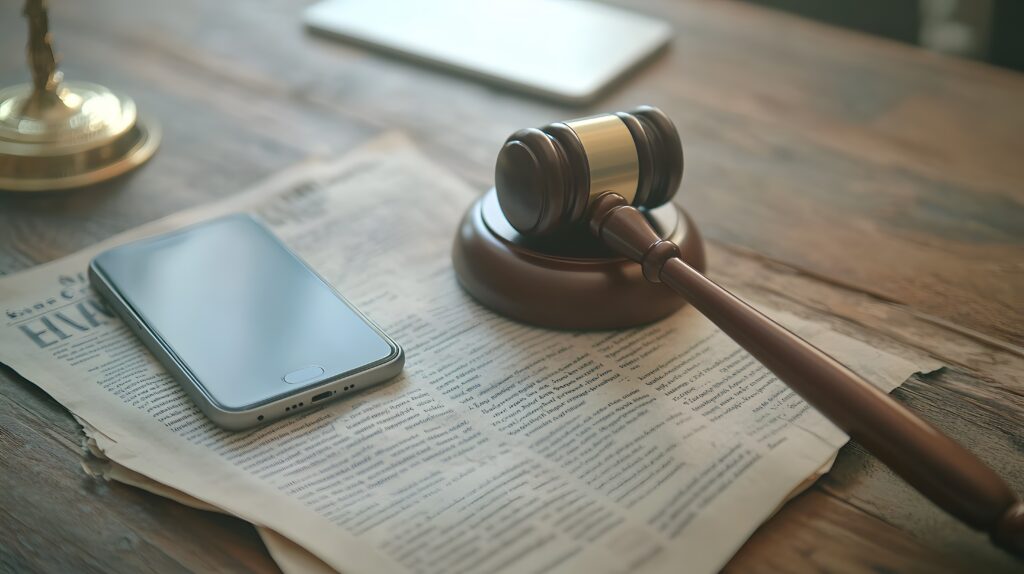 A modern smartphone and a wooden legal gavel resting on top of a newspaper on a polished wooden desk, symbolizing digital forensics and cell phone evidence in a personal injury law case.