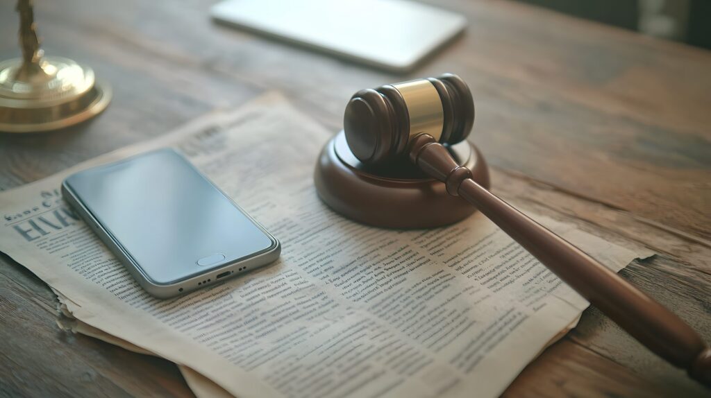 A modern smartphone and a wooden legal gavel resting on top of a newspaper on a polished wooden desk, symbolizing digital forensics and cell phone evidence in a personal injury law case.